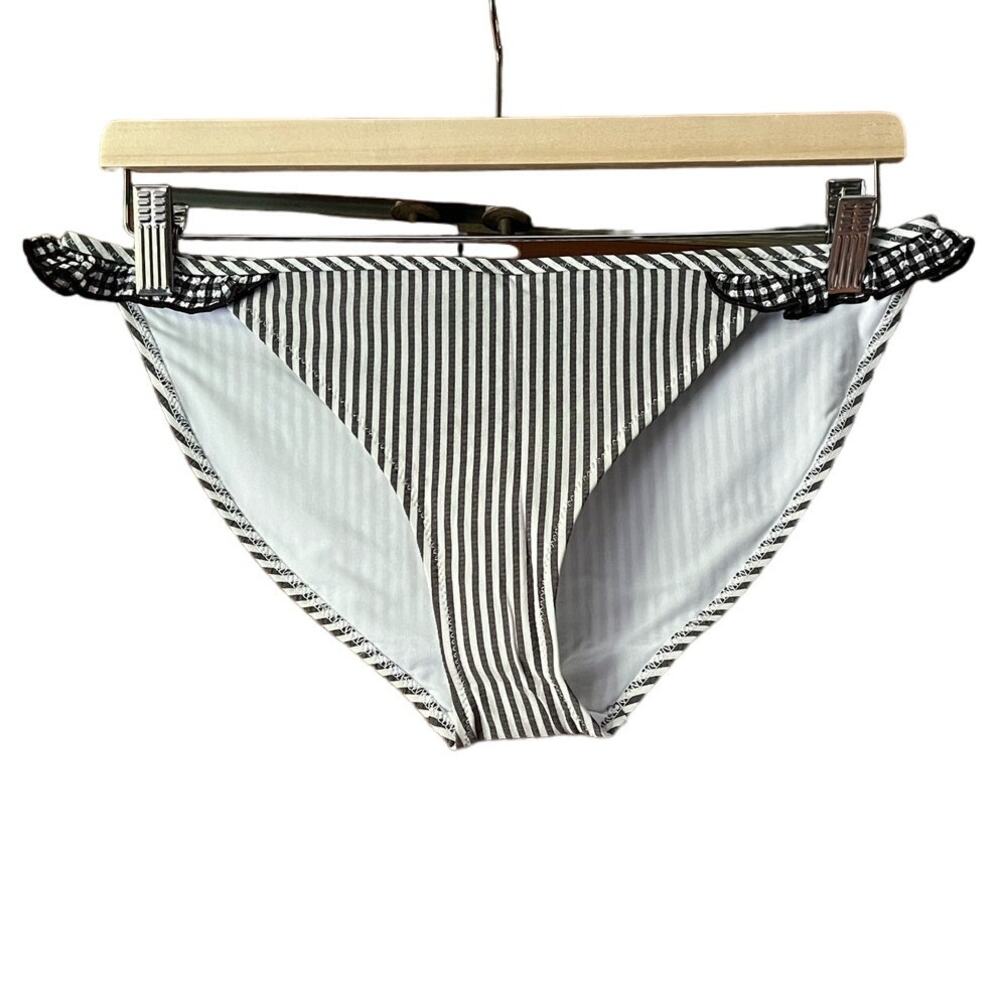 NWT Aerie Women's Seersucker Striped Ruffle Bikini Bottom Gray/White Size L